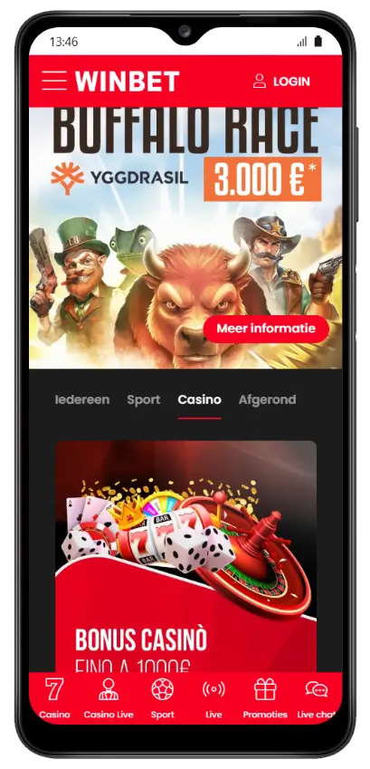 WinBet app met de Buffalo Race-toernooi van Yggdrasil met een prijzenpot van 3.000 euro en een casinobonus tot 1.000 euro in het promotieoverzicht