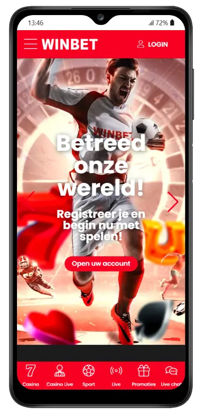 WinBet mobiele app met een welkomstscherm met de tekst 'Betreed onze wereld', een sporter met een voetbal en een knop om een account te openen