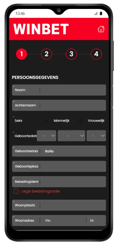 WinBet registratieformulier stap 1 van 4 met invulvelden voor naam, achternaam, geslacht, geboortedatum, geboorteplaats, belastingidentificatienummer en woonadres