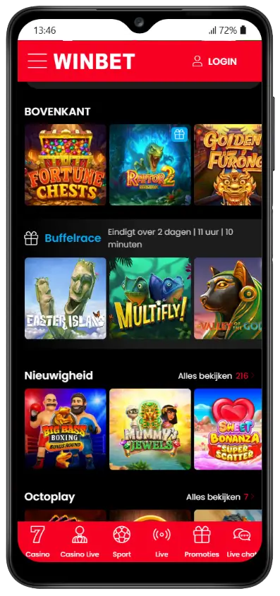 WinBet mobiele app met populaire casinoslots: Fortune Chests, Raptor 2, Golden Fu Rong, Easter Islands, Multifly en Sweet Bonanza, inclusief de actieve Buffelrace-toernooi